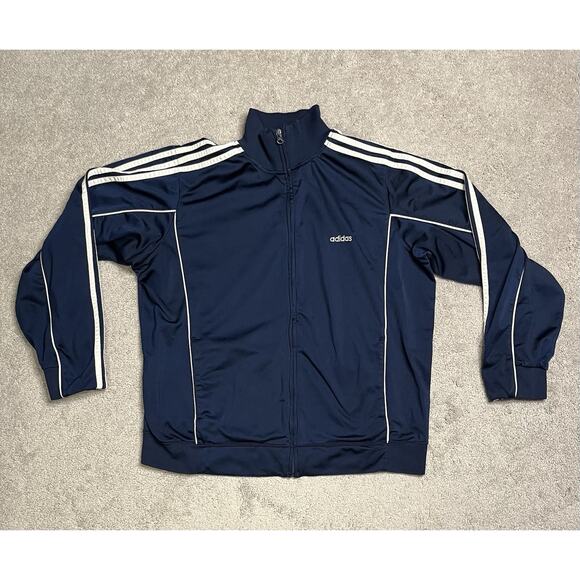 Adidas Men’s L Track Jacket Signature 3 Stripe Sleeve blue VTG! - Picture 1 of 8